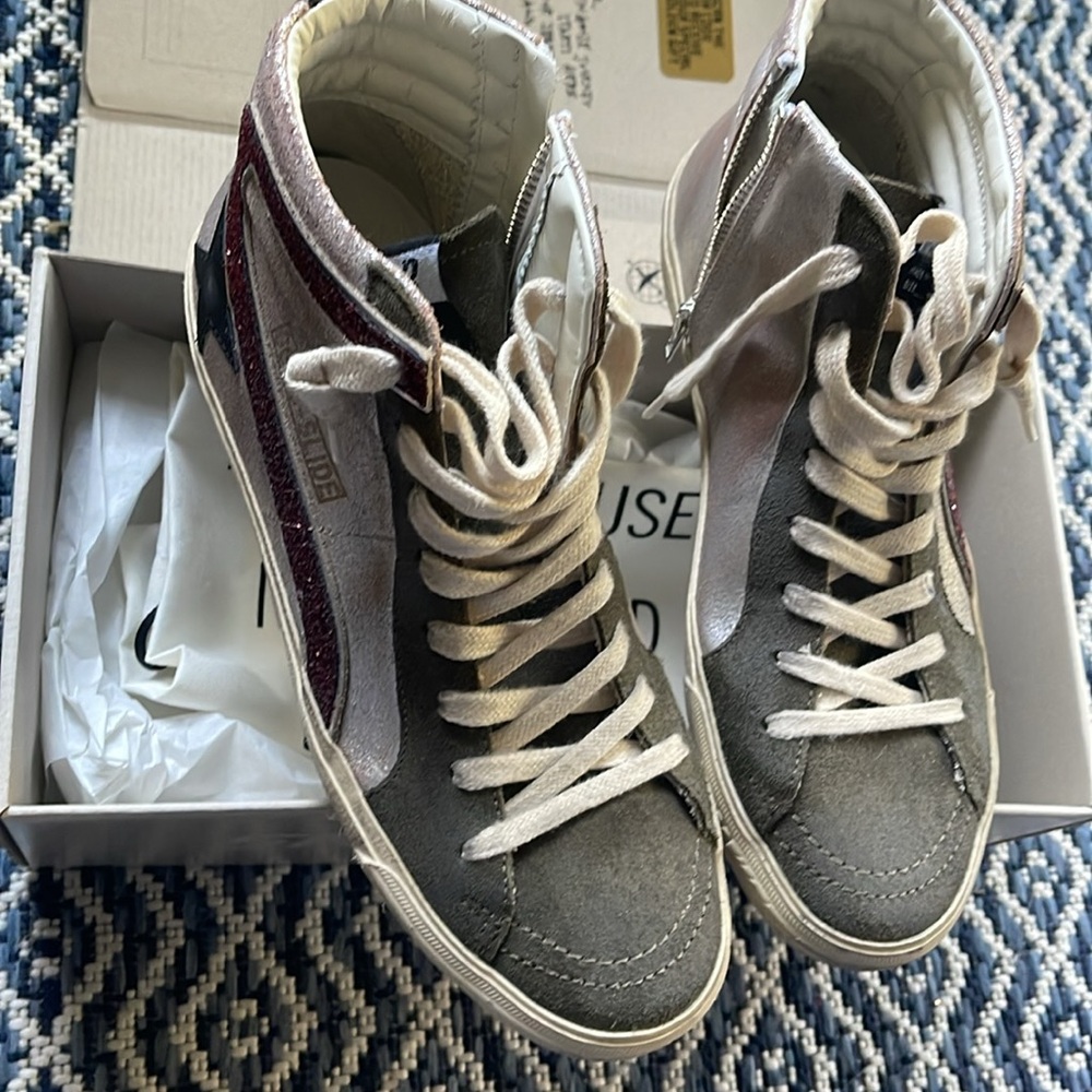 New Golden Goose Olive Green Suede Laminated Slide w/ Glitter Burgundy. Sz. 38